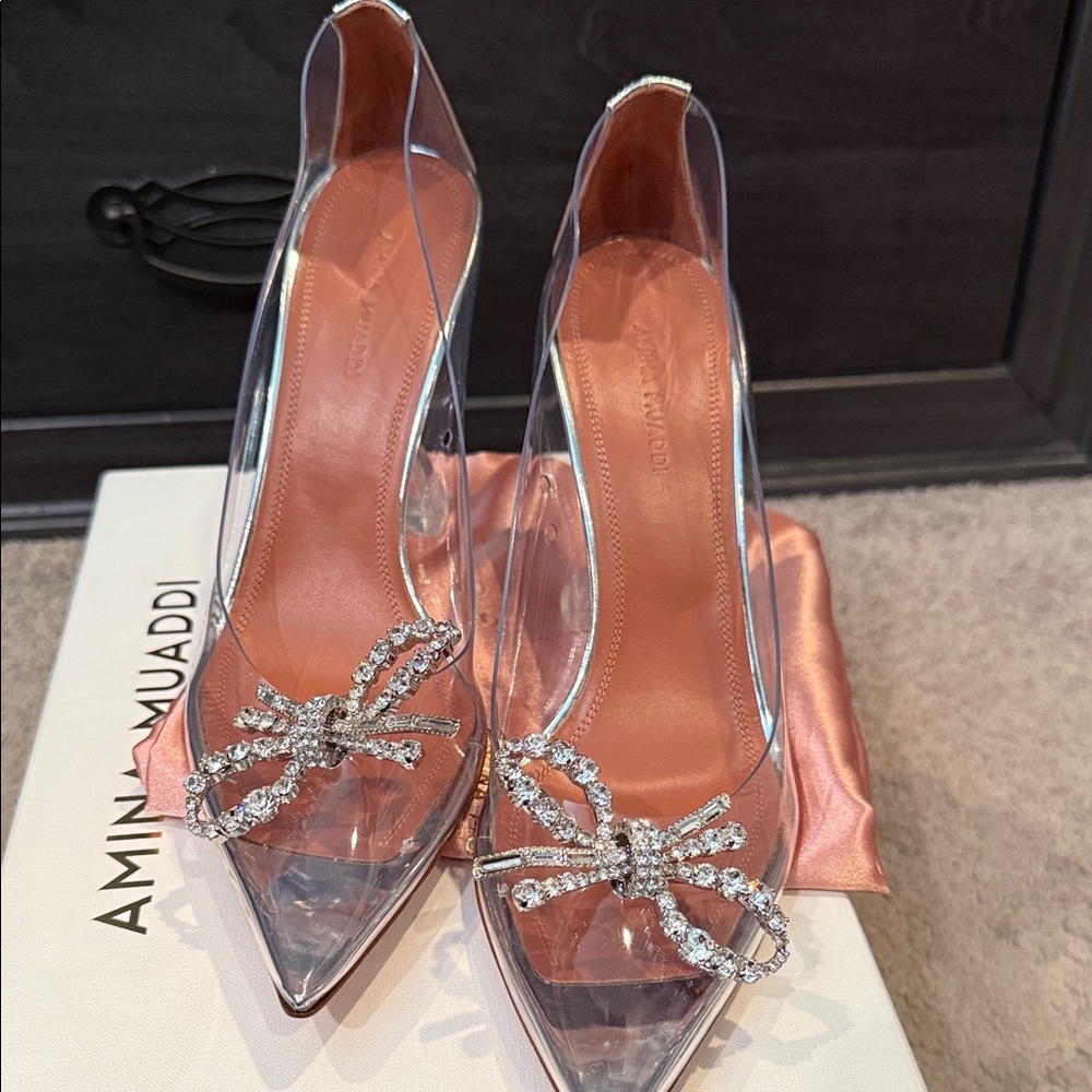 Amina Muaddi Clear PVC Rosie Glass Pump with Crystal Bow - Picture 2 of 6